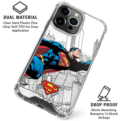 DC Comics Superman Super Speed Flying Over City iPhone 16 Pro Clear Case